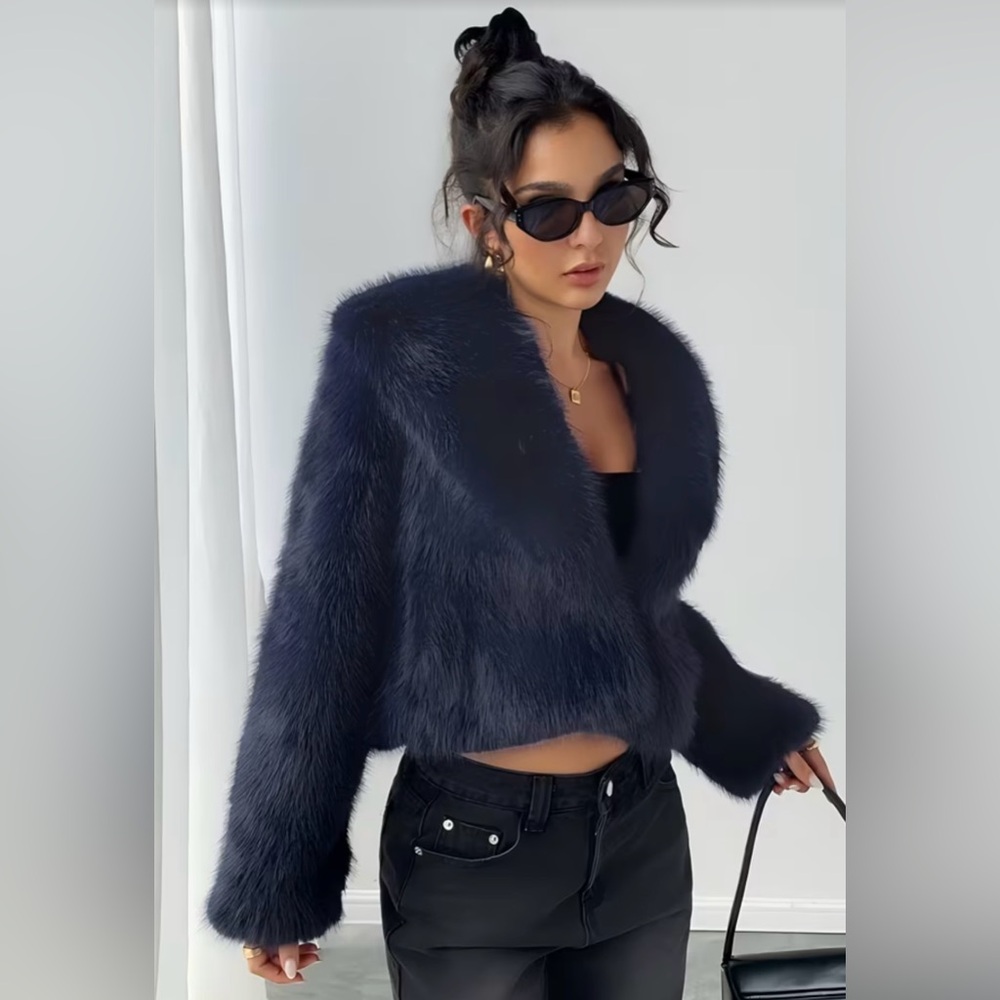 Lux Faux Fur Cropped Jacket - Navy